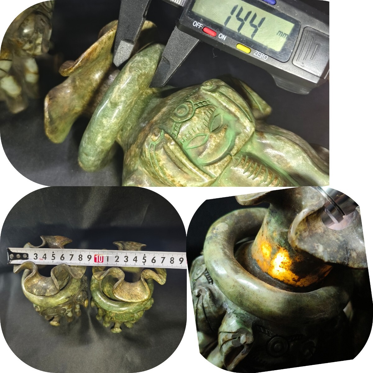 中国骨董 玉香炉一対 天然石 注文 遊環 四面神獣立像 手彫り 作家物