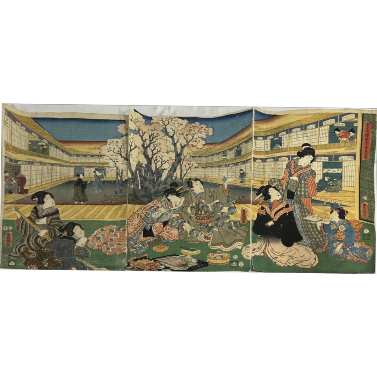 真作」 豐国 木版画 浮世絵 真作 三枚続 美人画 役者絵 大判 江户 真作