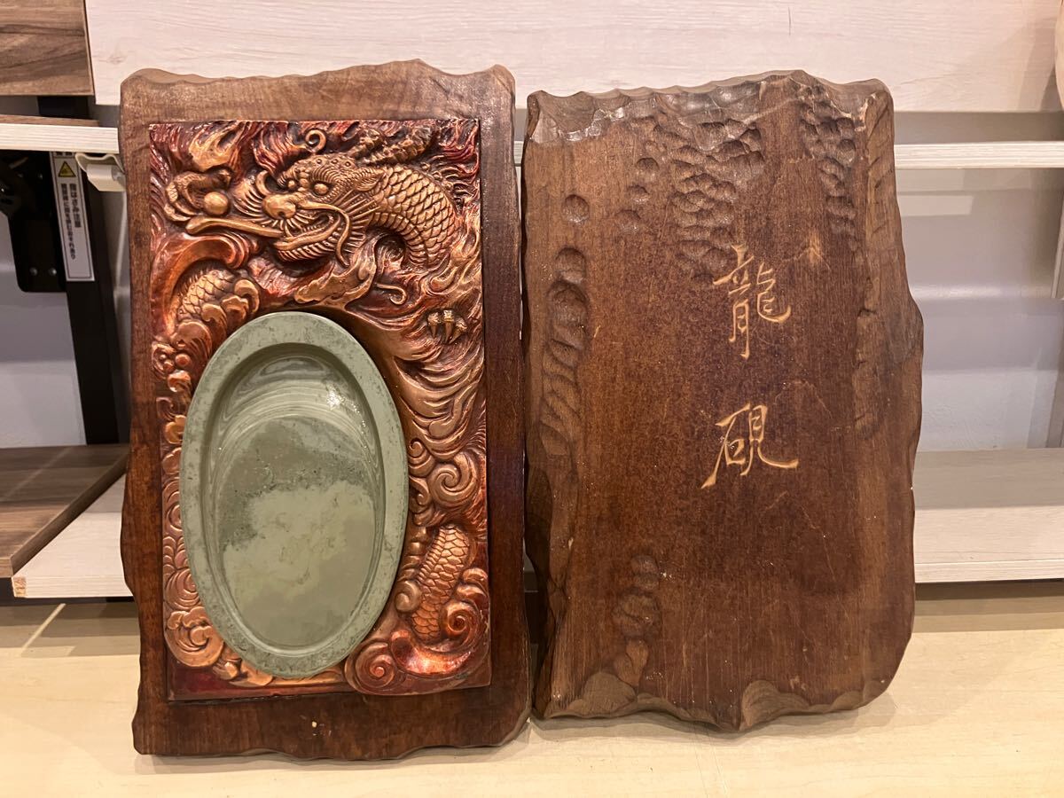 中国文房四宝硯端渓硯 中国 端渓硯 鶴松彫硯 金線 文房四宝 共箱 (