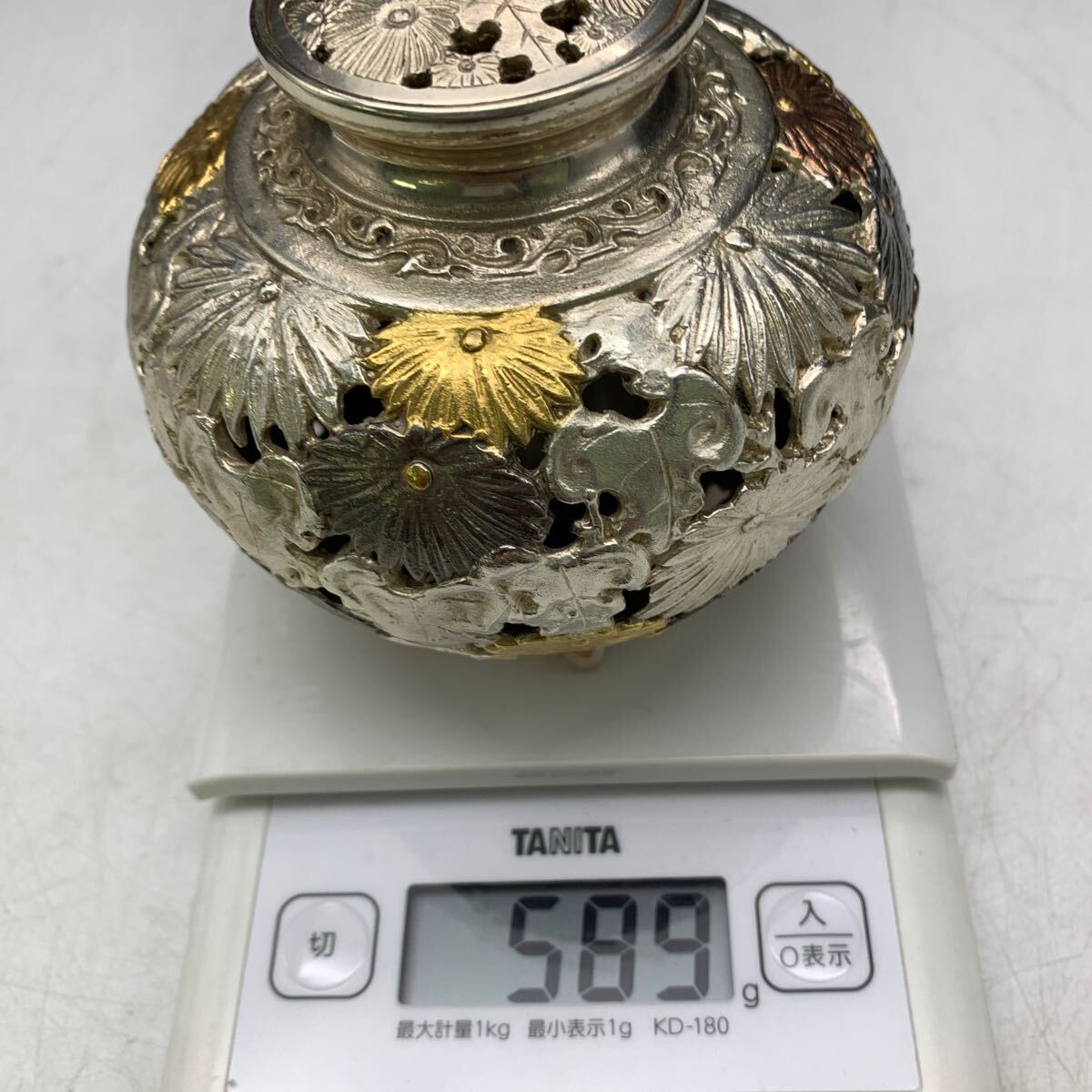 希少】市橋敏雄 金銀彩菊透し文華香炉 高さ10.5cm 古美術品 希少】市橋