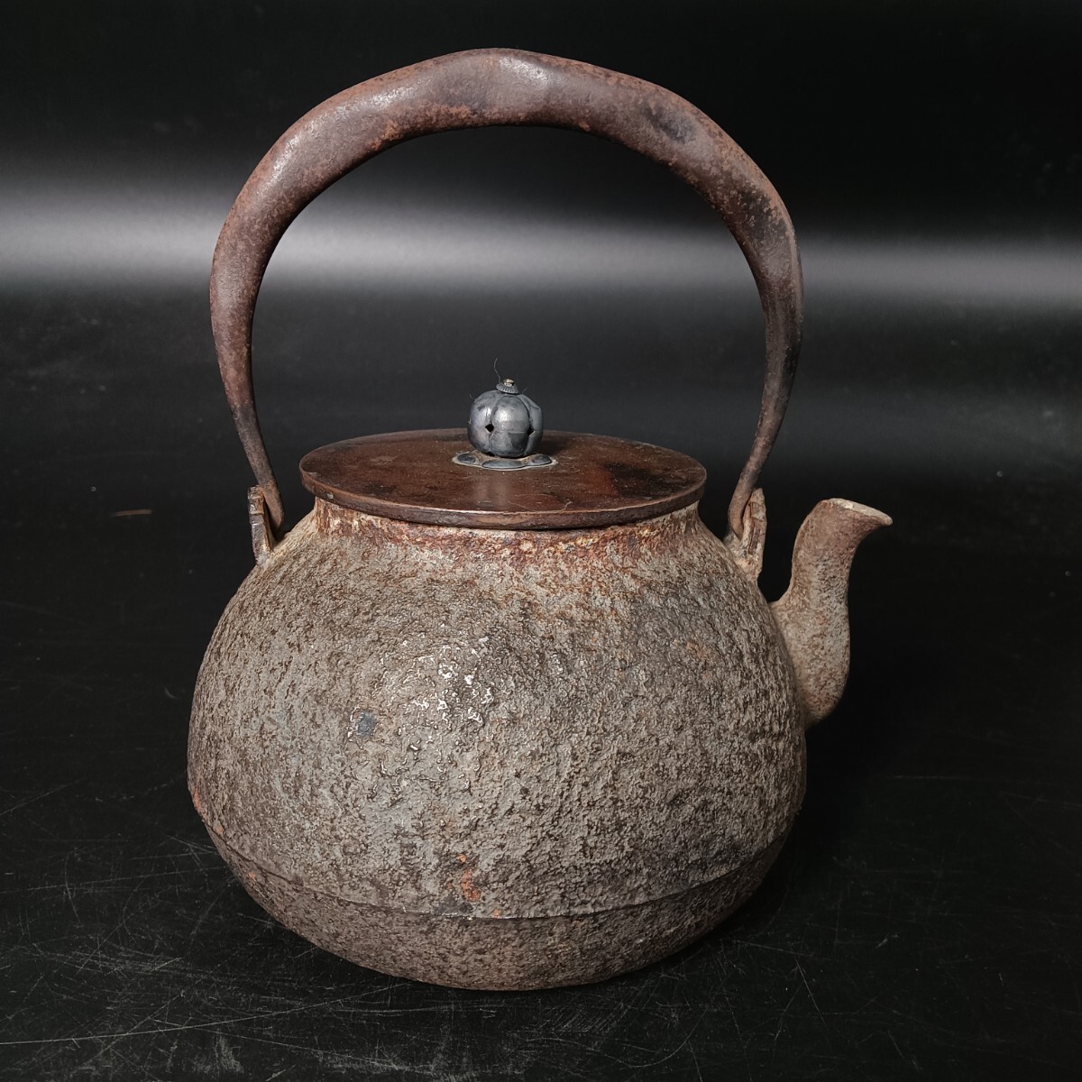 釜師畠春斎造銅蓋呑溝形鉄瓶/共箱】 煎茶道具湯