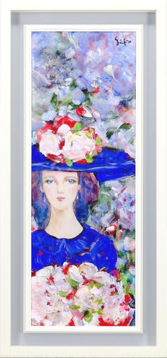 真作】中島裕子 油彩 SM号「ファンタジーの花々」額装 ポピー 薔薇