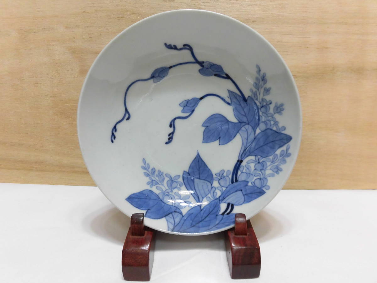 江戸時代後期 後期鍋島 藍鍋島 染付 若松の図 トップ 16.1cm 櫛高台皿