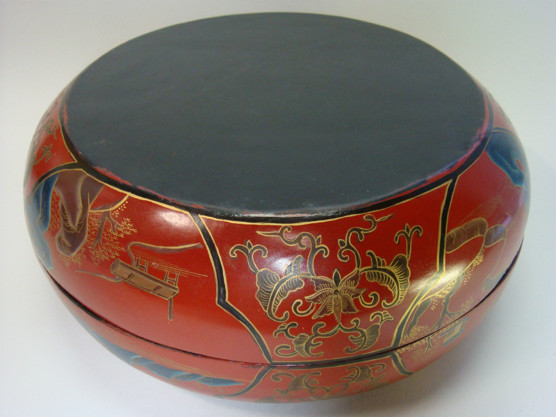食籠□朱塗り漆器 古い蓋物 象嵌 菓子鉢 鳳凰 花唐草 魚 時代物 骨董品