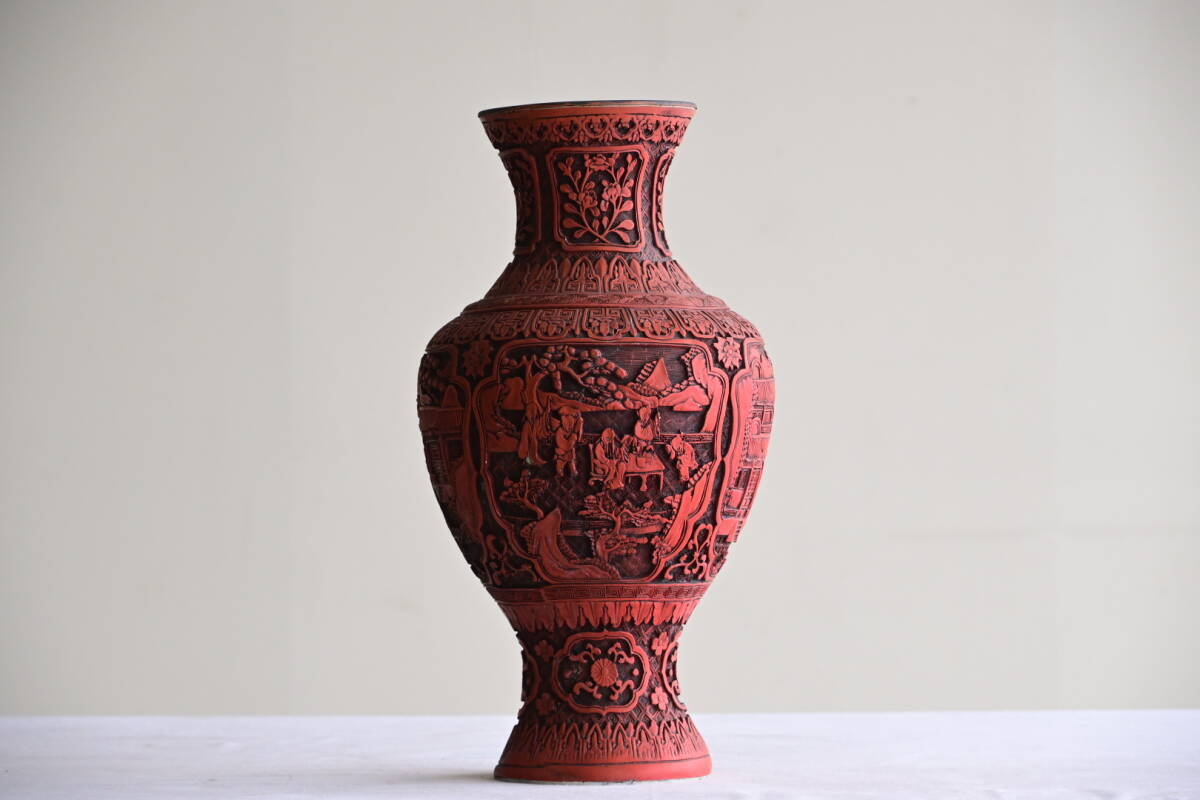 中国 美術 骨董 ベスト 堆朱 壺 赤壺 工芸品 民芸品 彫刻 花柄 花瓶