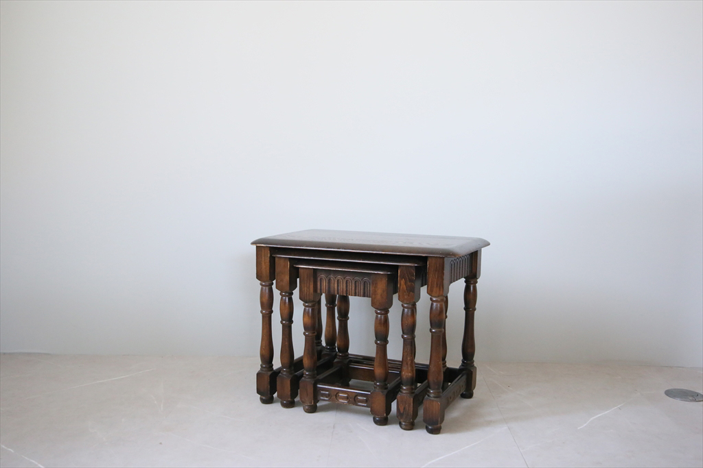 英国アンティーク猫脚ネストテーブル3台/木製机/サイドテーブル(88-11