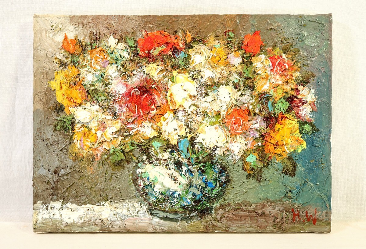 真作 渡部ひでき 油彩「薔薇」画寸F8 広島県出身 アートウェーブ72代表 【