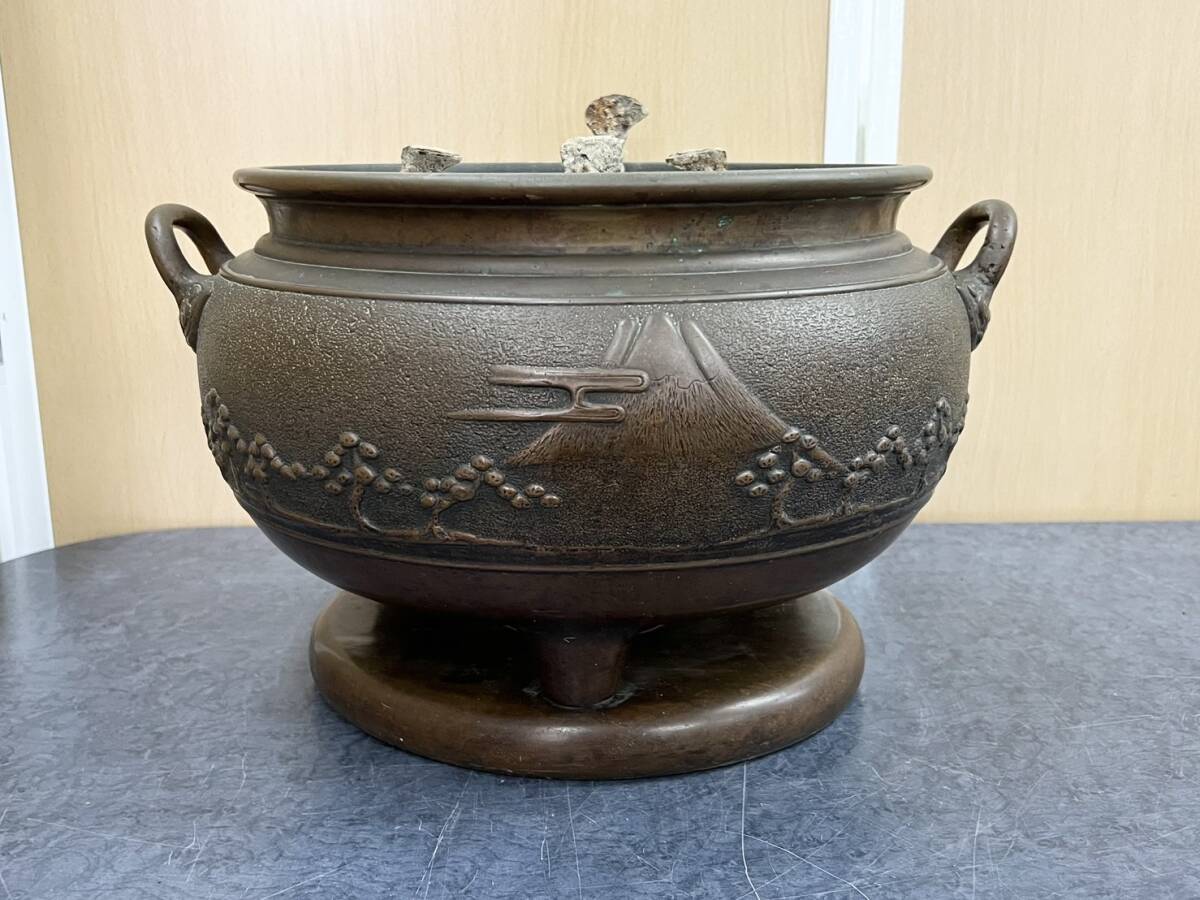 唐銅製 茶道具 骨董品 銅製火鉢 木製台座付き 脚付火鉢 木製台付き