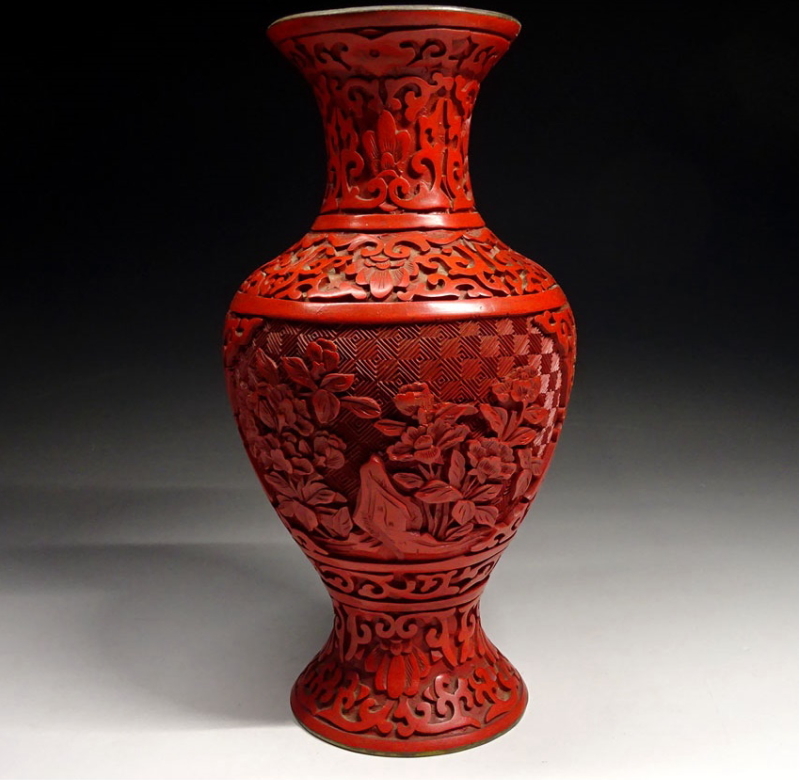 中国美術 堆朱花瓶 人物山水 細密彫刻 煎茶道具 茶道具 アンティーク