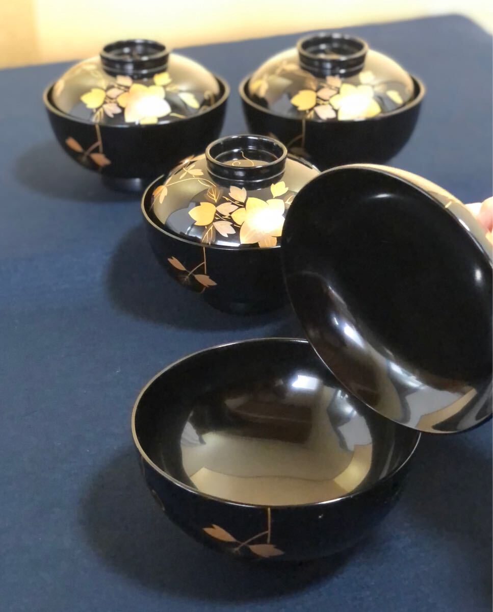 R》輪島塗 鉄線蒔絵 吸物椀5客【角知作】木製漆器 共箱