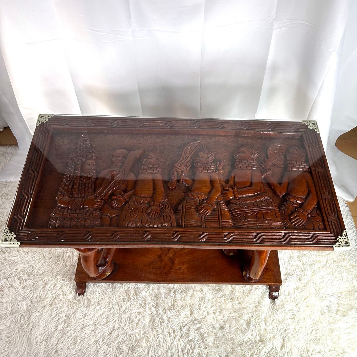 テーブル 彫刻 アンティーク 象 アジアン家具 木製家具 ガラス天板