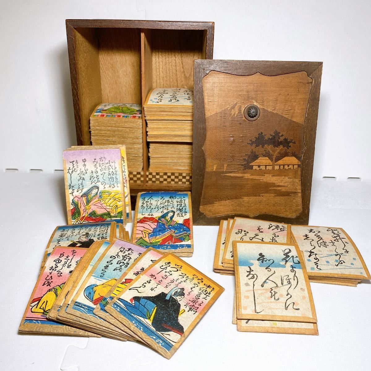 百人一首 戦前 小倉百人一首 レトロ かるた 木箱 版画 骨董 当時物