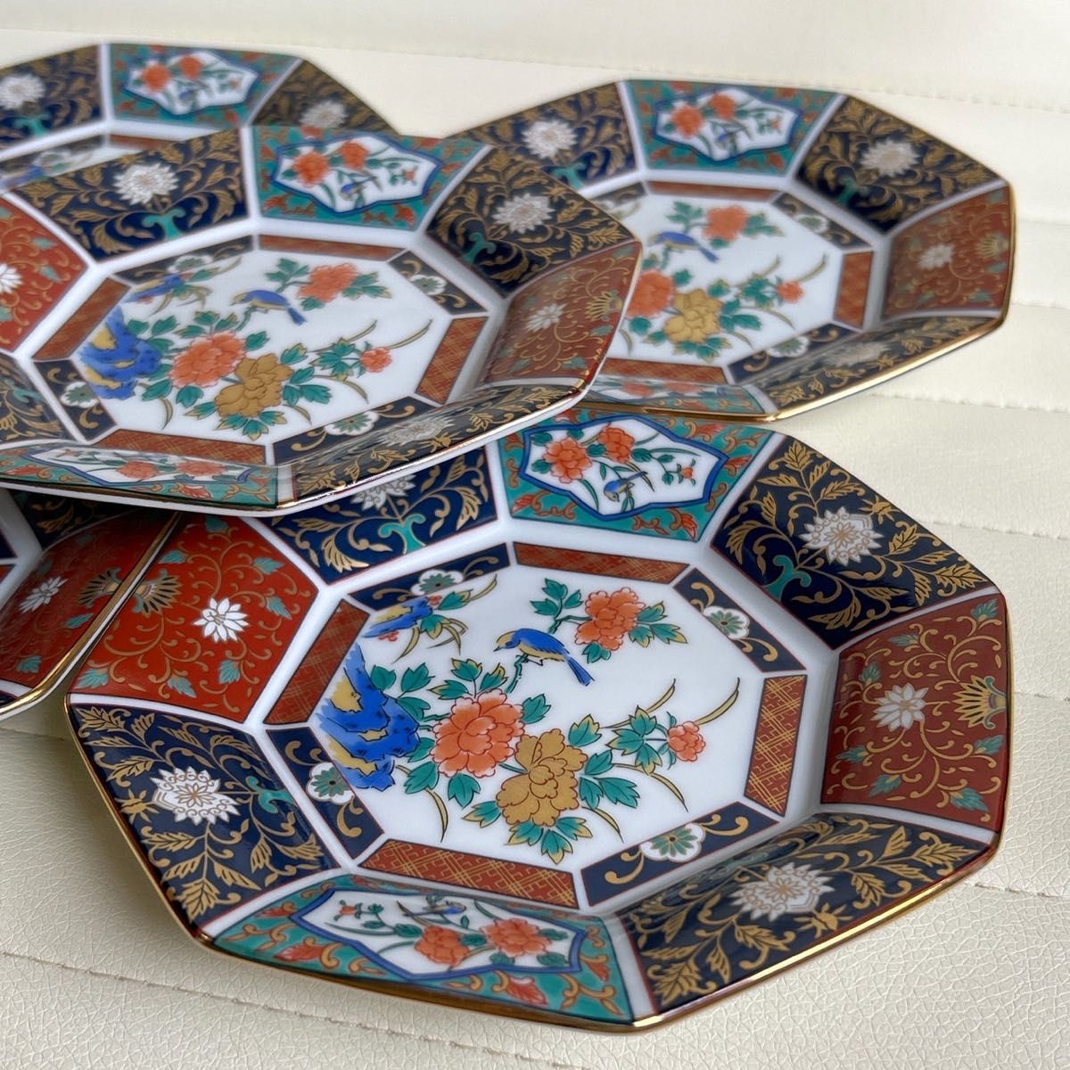 有田焼 青藍窯 金彩古伊万里 八角皿 5枚セット 中皿 銘々皿 花鳥 色絵