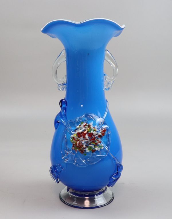 大正時代 青硝子 被せ硝子花瓶 吹きガラス 花入 TK061(工芸ガラス)｜売買