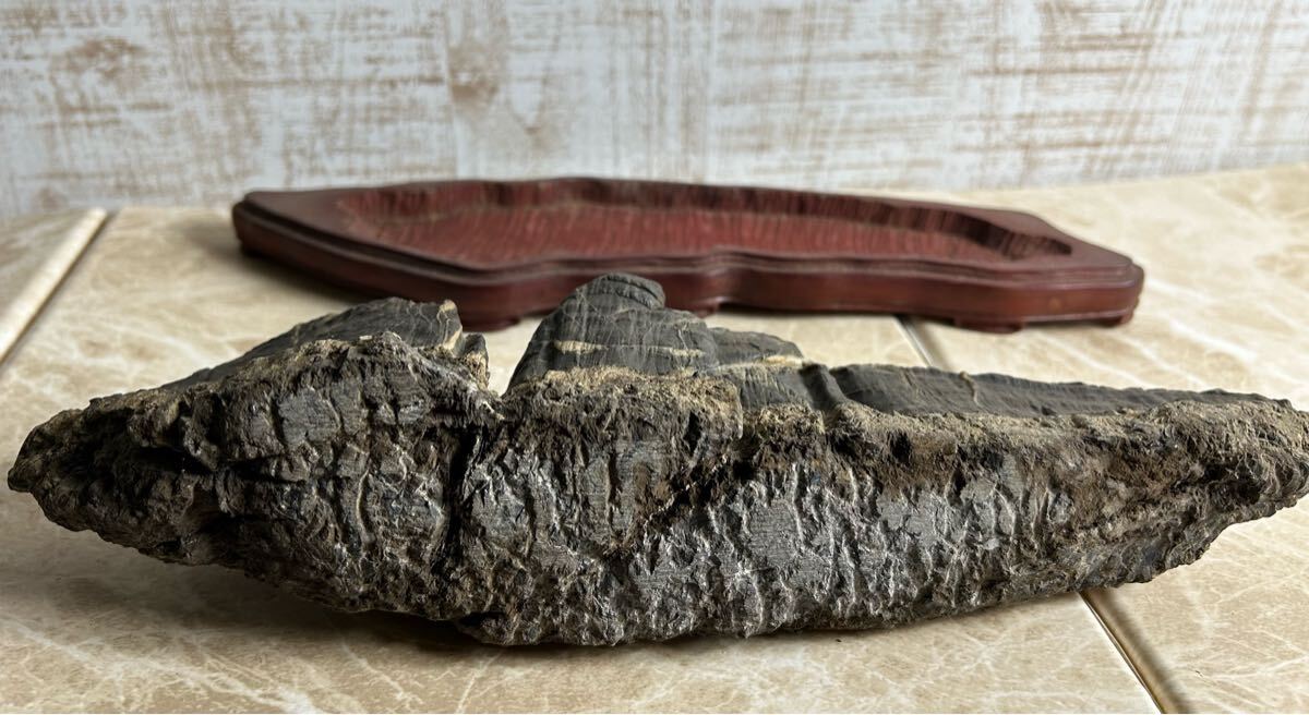 M▽鑑賞石 盆石 台付 水石 (K00327)