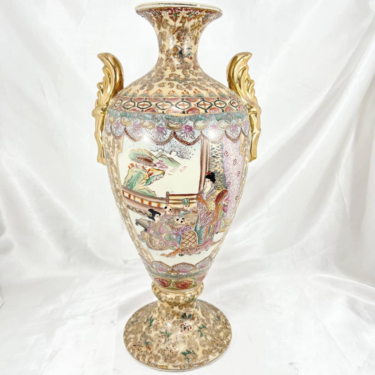 金彩草花文双耳花瓶高さ36.5cm