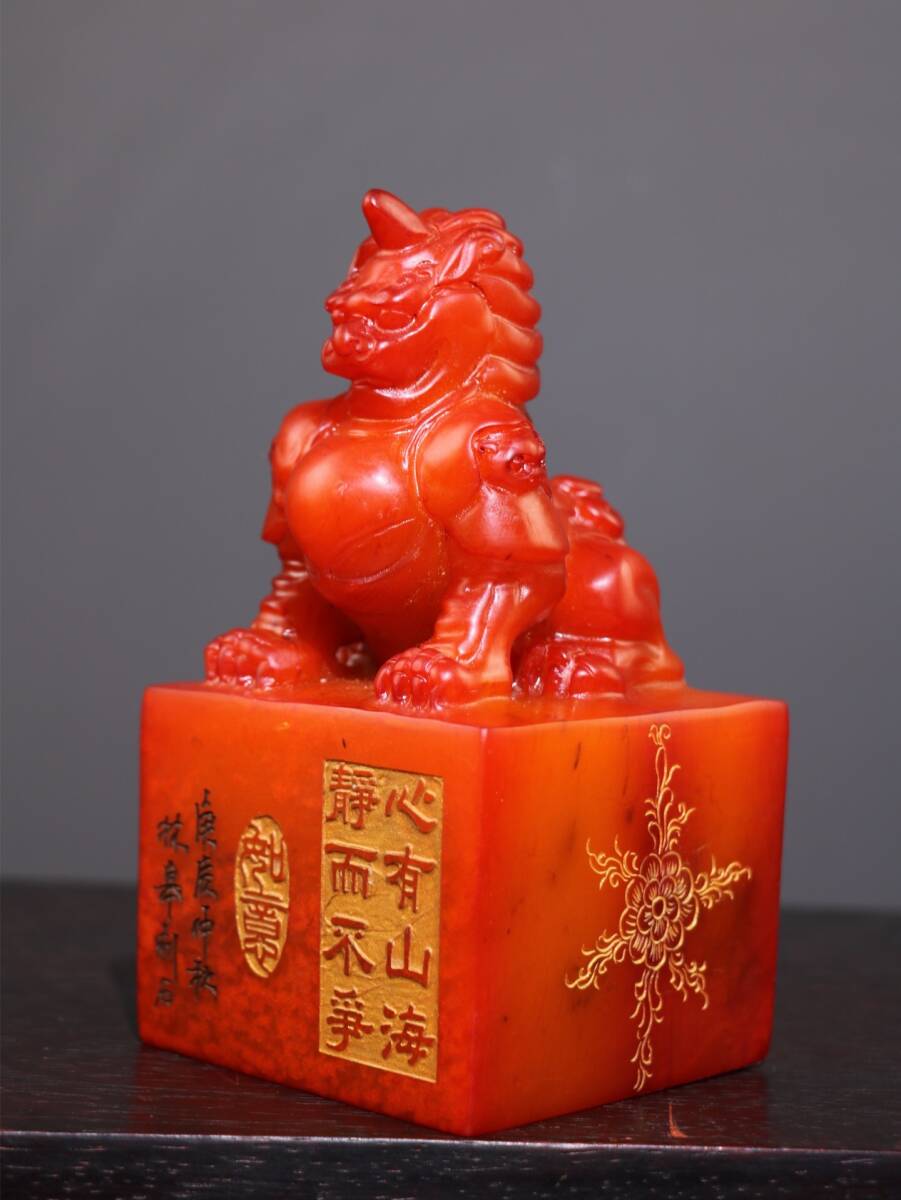 仁】『寿山石・紅田黄石・細密彫・獨角獣印章・文房具・書道品』極細工 古