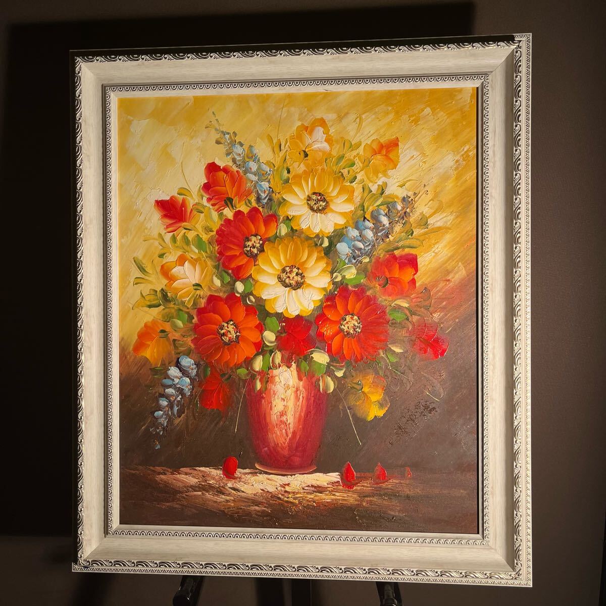 ☆秀作☆ 手書き油絵 花瓶の花 絵画 インテリア 油彩画 手書き油絵