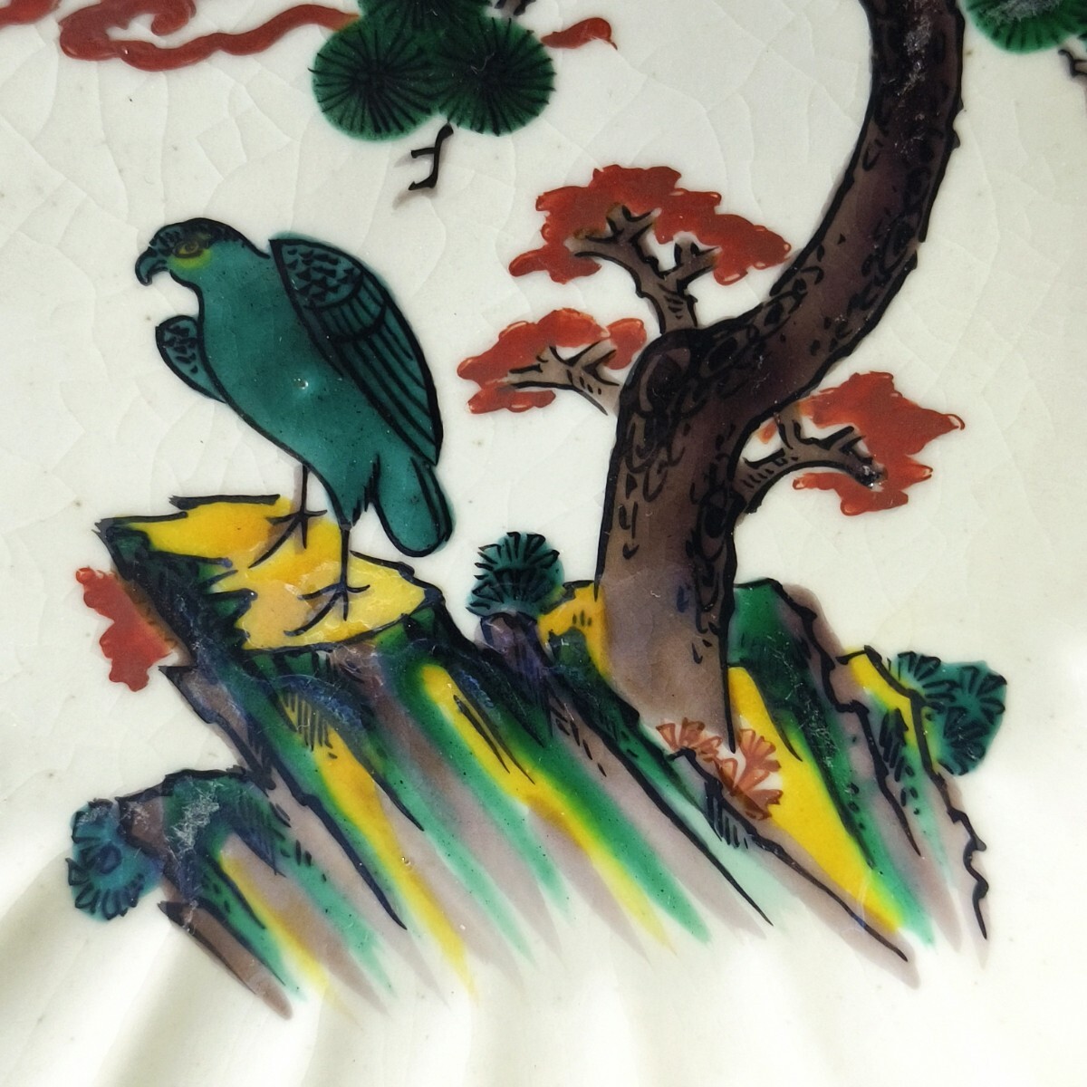 古九谷 中皿 角福 手描き 鷲風景文 口紅あり 江戸骨董 コレクション 古