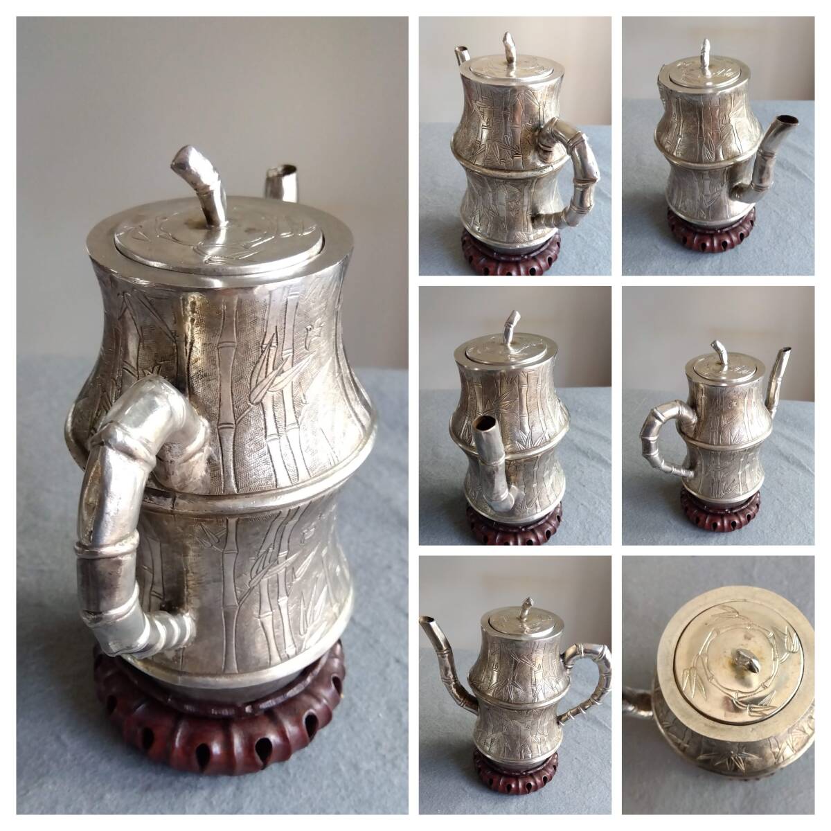 北京工芸品公司 銀製竹林吉祥紋紋様彫酒器 353gm 全高160全長