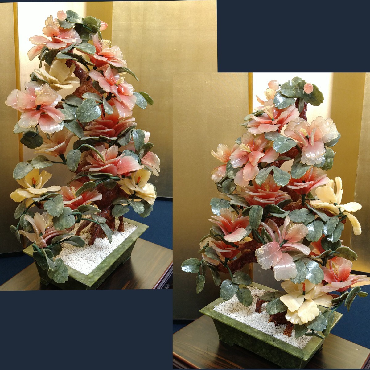 AJ52 中国玉石 花 盆栽 玉石鉢 天然石彫刻 飾り台付 置物 高さ63cm