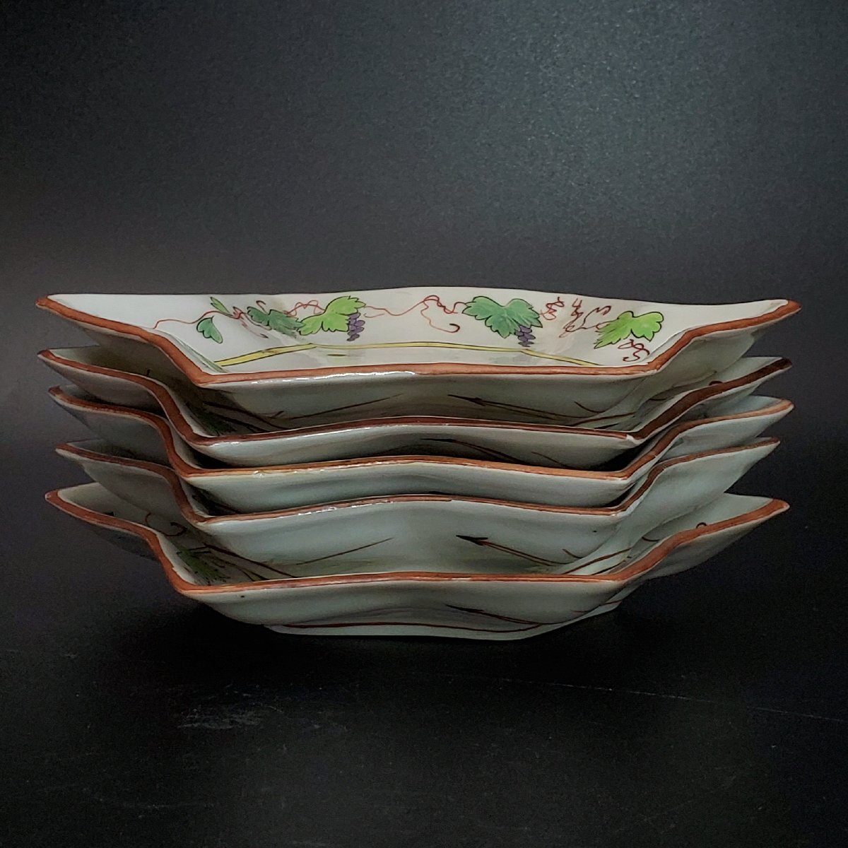 九谷焼角福印色絵山水図扇形皿5枚 [B26226] 九谷焼角福印