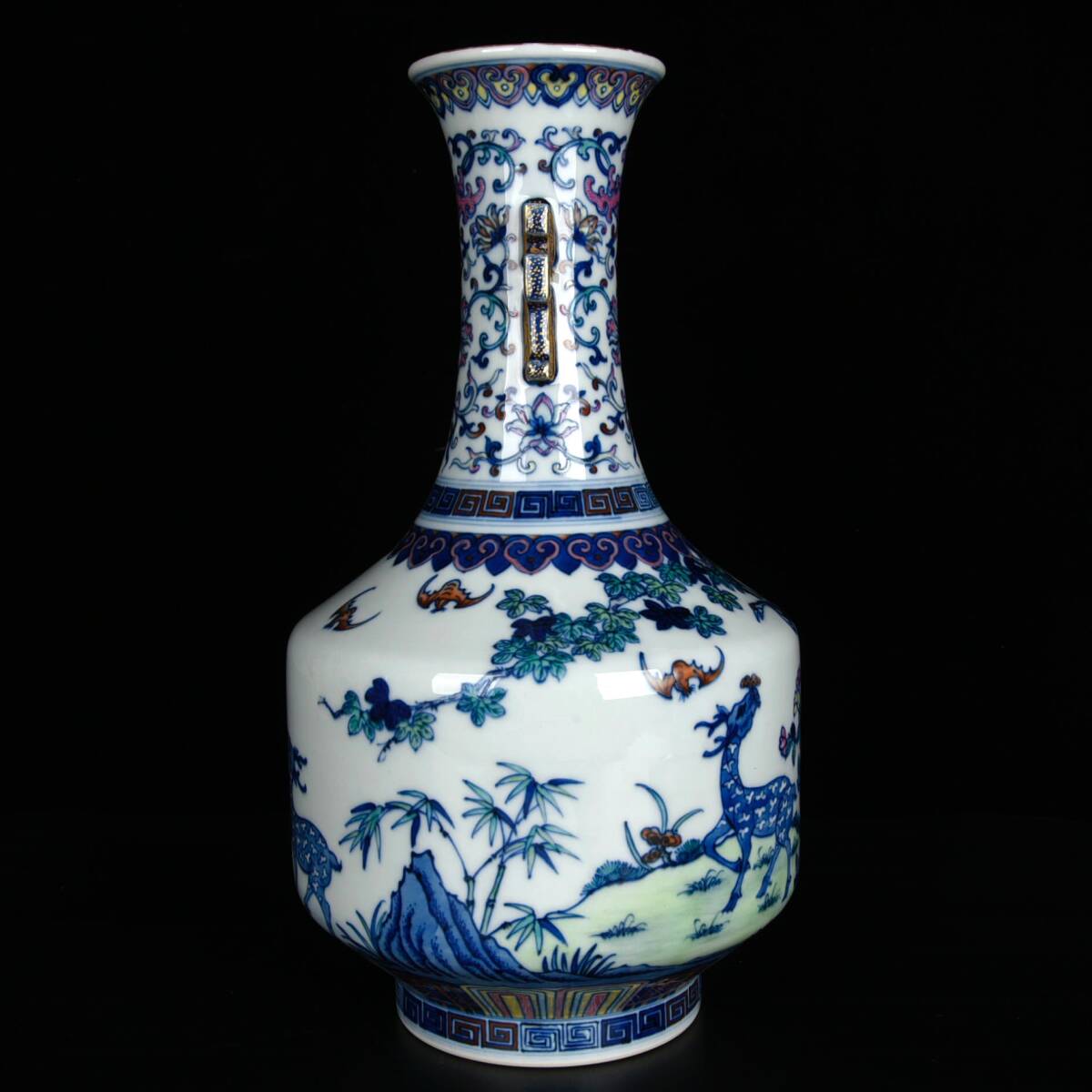 辰砂 双獣耳瓶 大清康煕年製 款 中国美術 古玩 SN25 辰砂 双獣耳瓶 大