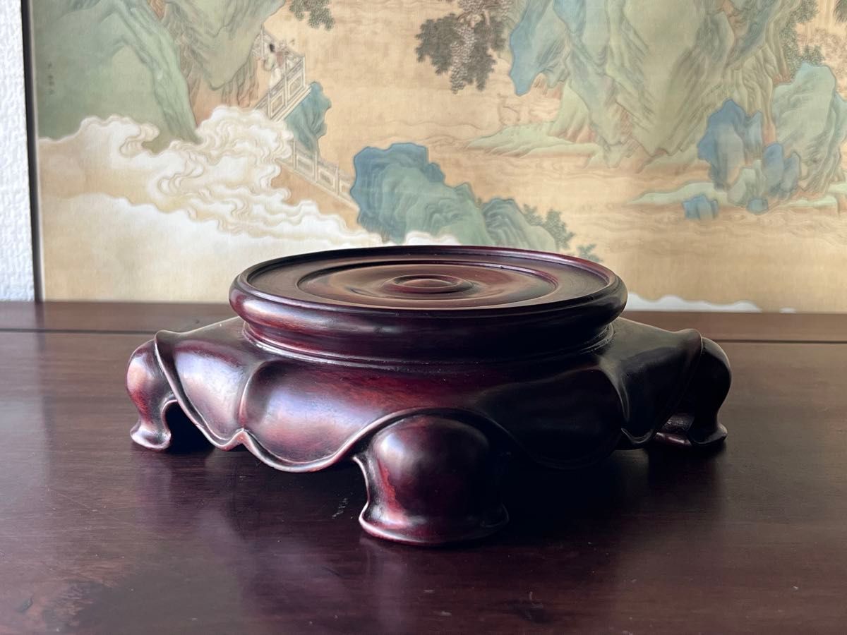 中国美術 唐木 丸台 瓶座 花台 香炉台 飾り台 紫檀 木製 亀足 木彫り