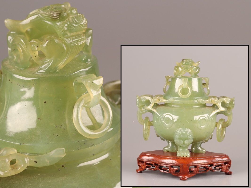 中国玉製 翡翠香炉 蓋獅子 中国美術 古玩 ヒスイ 精密彫刻 オブジェ 香道具