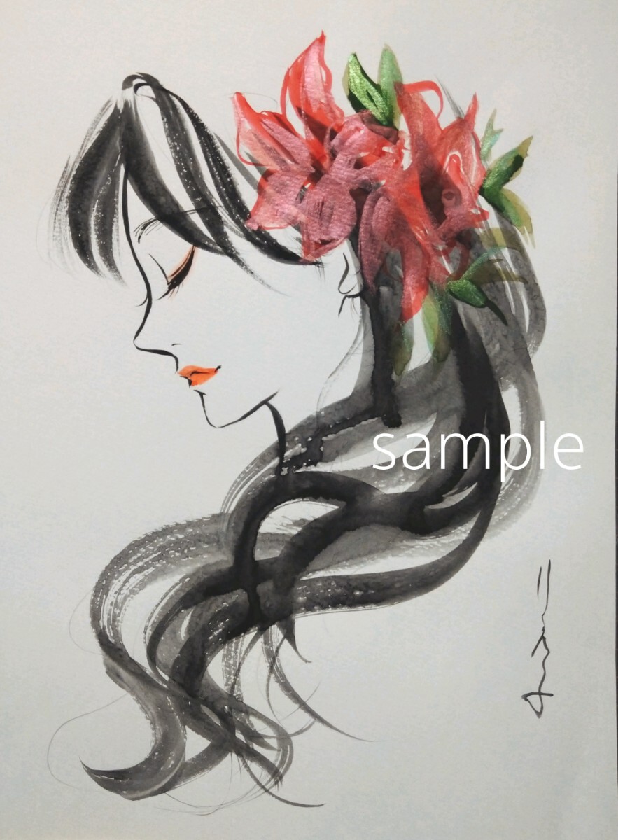 肉筆原画 ドローイング 美人画 水彩画 A4 オリジナル 手描きイラスト 絵画