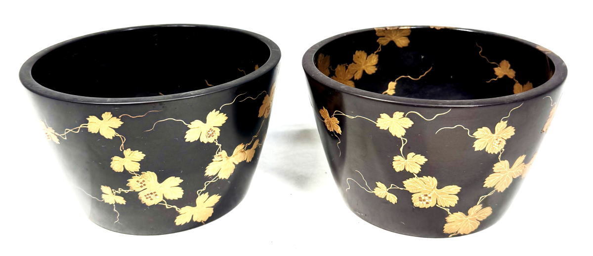 送料無料】江戸時代 木製金蒔絵唐草文地 杯洗 盃洗 2個 漆器