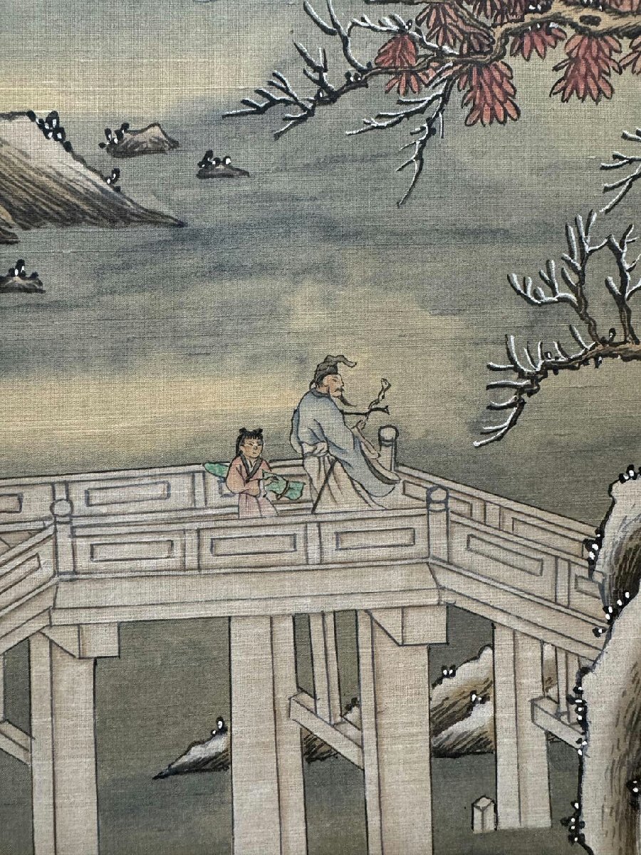 唐伯虎 倚石観川 四条屏 掛け軸｜中国山水画｜表装済み 唐寅（唐伯虎