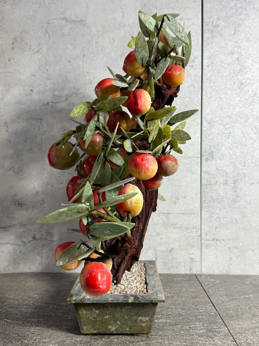 S250503-8【希少】中国古玩 風水桃花樹 玉石彫刻盆栽置物 瑪瑙 翡翠