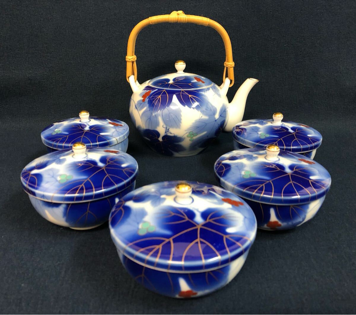 有田焼 深川製磁 染錦葡萄 茶器揃（急須、蓋付き湯呑み，湯冷まし）