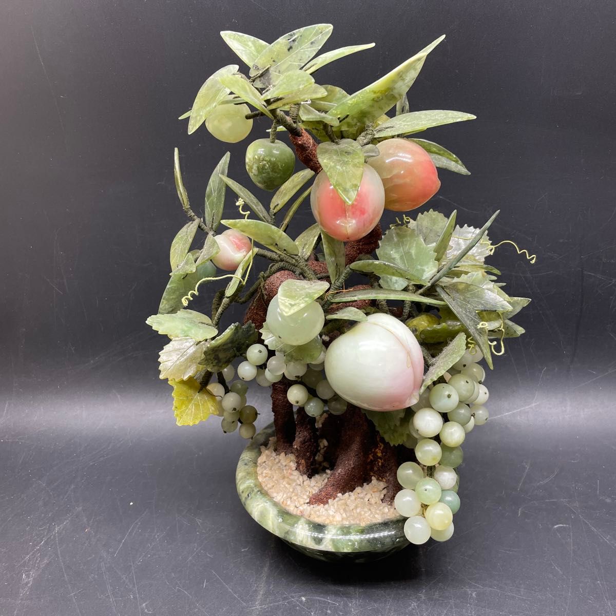 中国美術 桃樹玉石 桃木玉石盆栽 景泰藍 石細工彫刻 置物 縁起物 中国美術