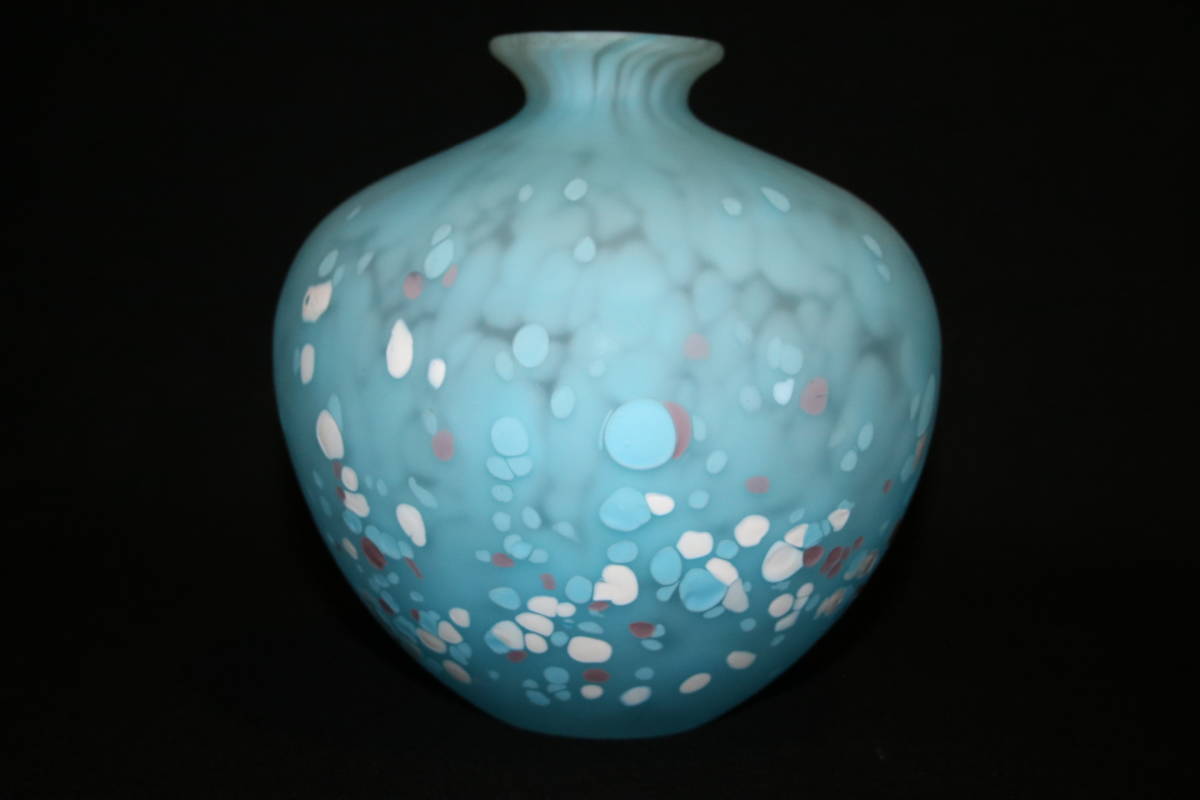 緑三彩 手吹花瓶 藤田喬平 作 共箱 ✤文化勲章受章作家・藤田喬平作