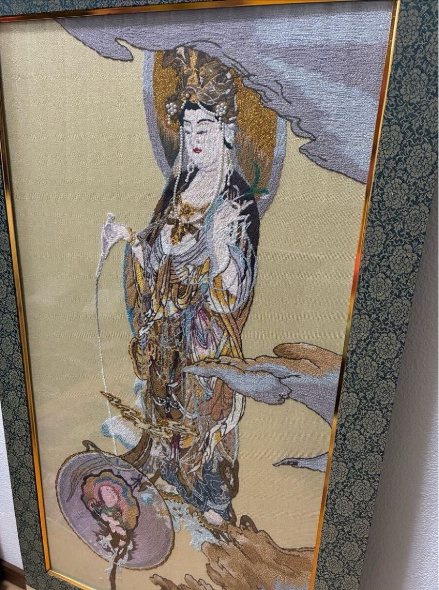 慈母観音図 着色絹本 仏画 仏教美術 悲母観音 刺繍画 刺繍アート