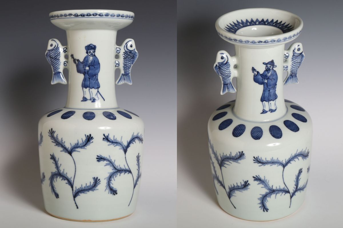 9312 平安祝峰 造 倣古染付 双魚耳瓶(共木箱) 径