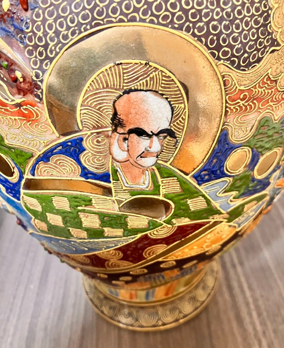 超絶技巧】 九谷薩摩 錦谷山造風 飾り壺 金彩細密人物羅漢｜Yahoo