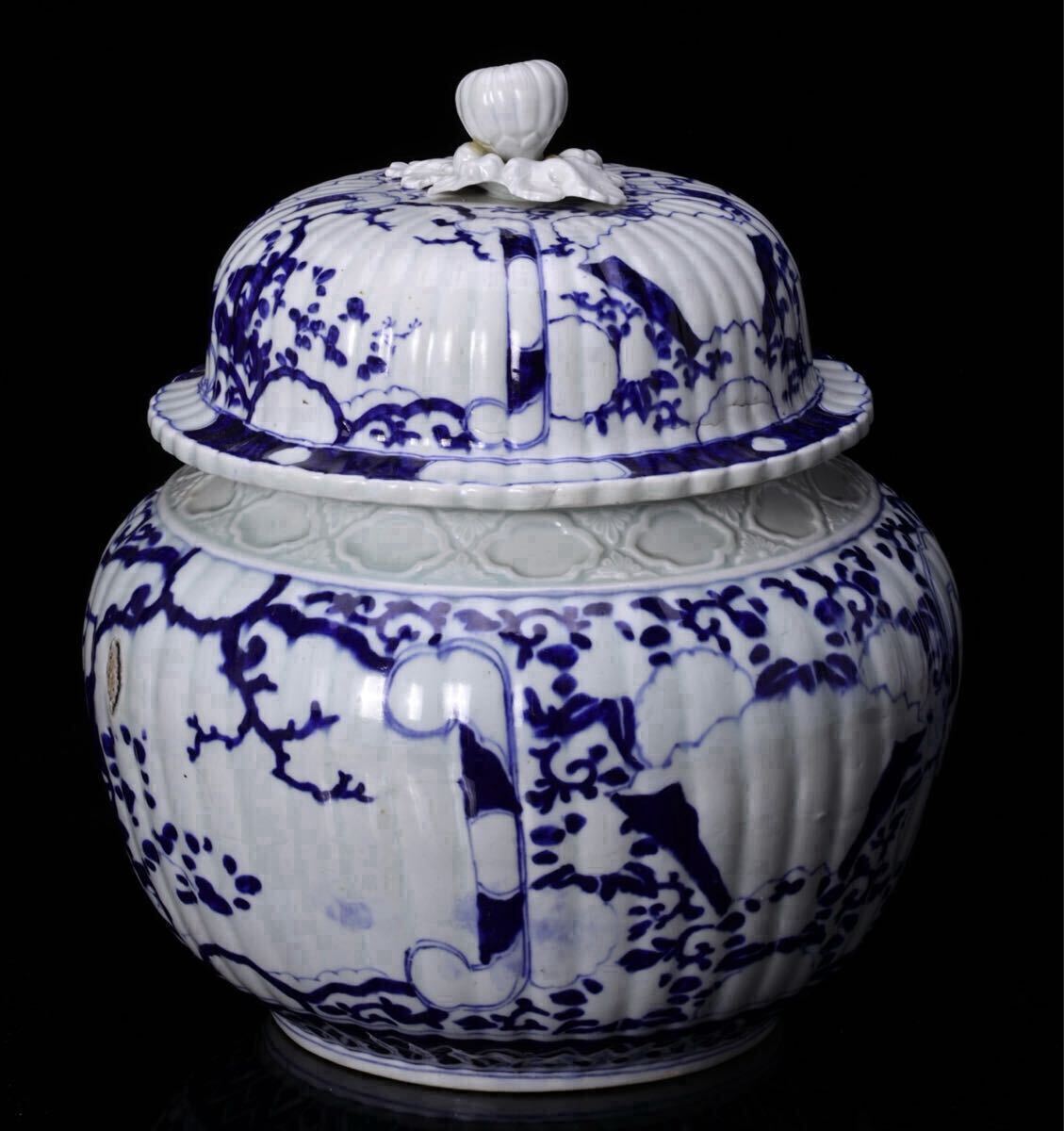 中国美術 清時代 古染付 獅子摘 玉図 蓋物 水指 茶道具 古