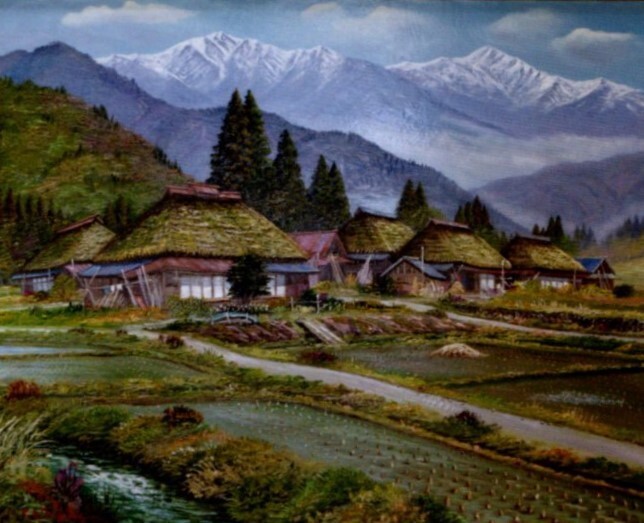真作 北川照生 油彩 安曇野の山郷 原風景 真作 北川照生 油彩 安曇野の