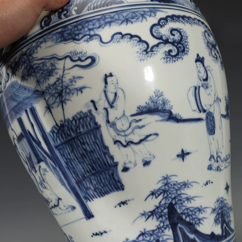 明代 正統年製 古陶磁器 青花 染付 花瓶 人物故事紋 梅瓶 花