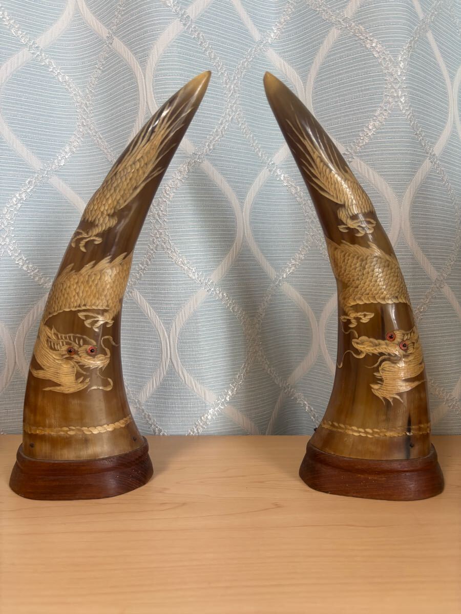 水牛の角 龍彫刻 置物 インテリア バッファロー