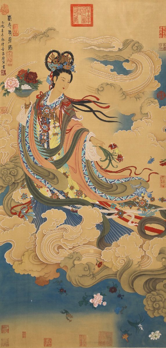 中国古美術・字画三尺仕女人物掛軸・水彩画・唐寅印款・書道品・絹本・