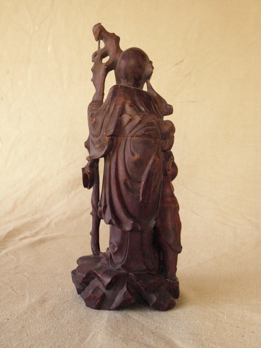 清時代一木造 木彫福禄寿 童子置物26cm 招福 仙人 七福神 寿老人 縁起物