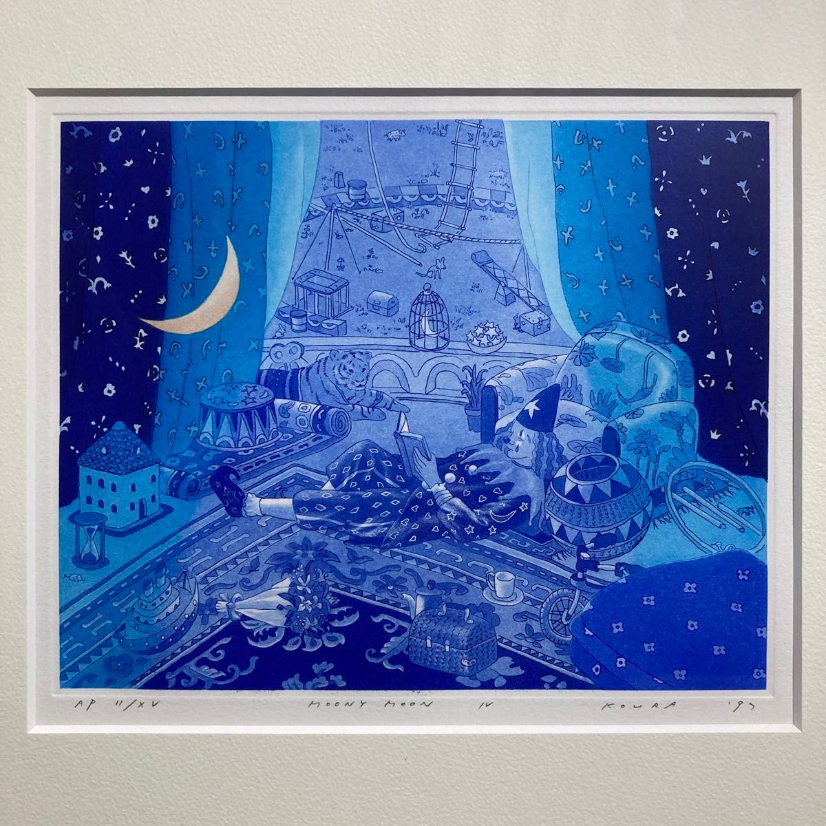 真作保証】小浦昇「MOONY MOON IV」銅版画 直筆サイン 版画 額装