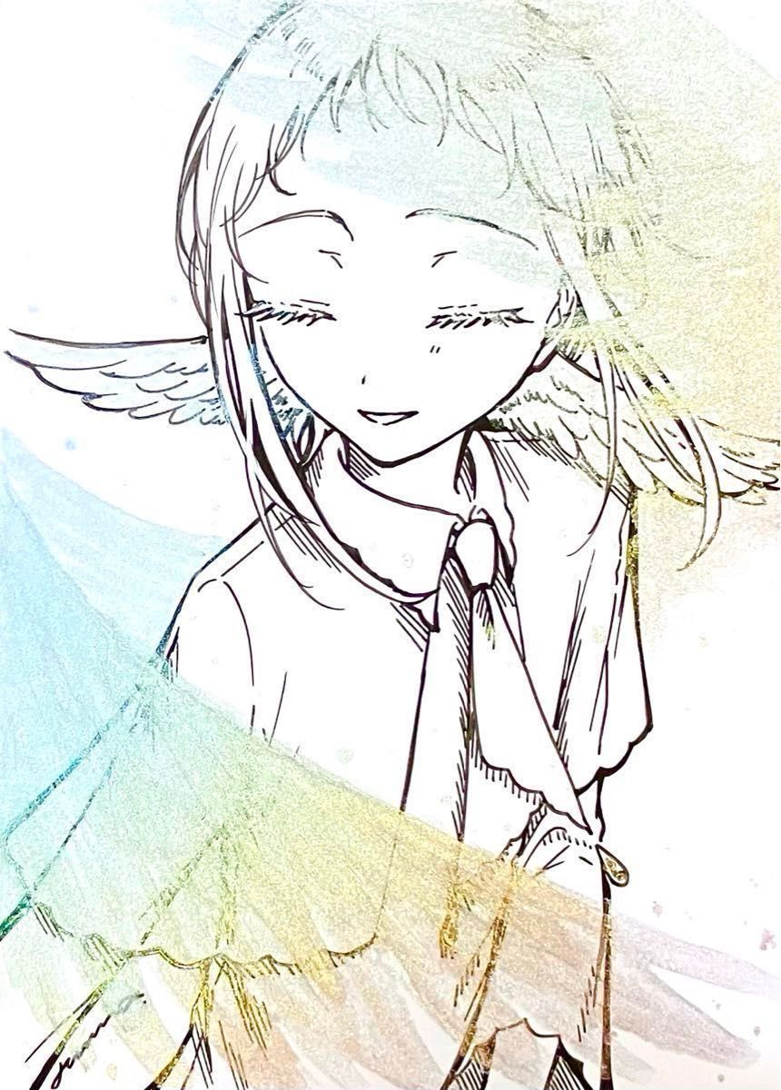 手描きイラスト オリジナル 創作 原画 ドローイング 天使 白 羽根 ペン