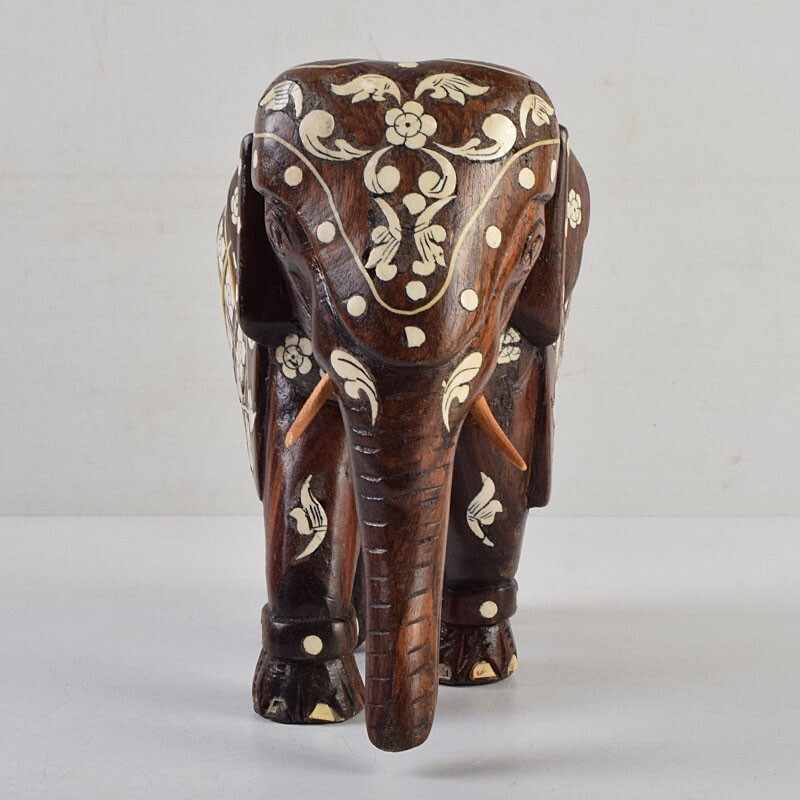 中国美術 唐木紫壇製 獣骨象嵌装飾 インド象 置物 古玩 CFKT