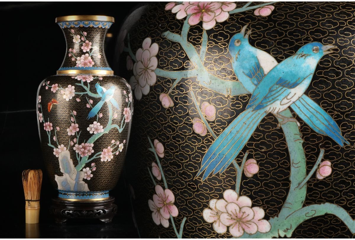 中国美術 清時代 五彩 粉彩花鳥図 鹿耳 花瓶 高さ約30㎝ 中国美術 清