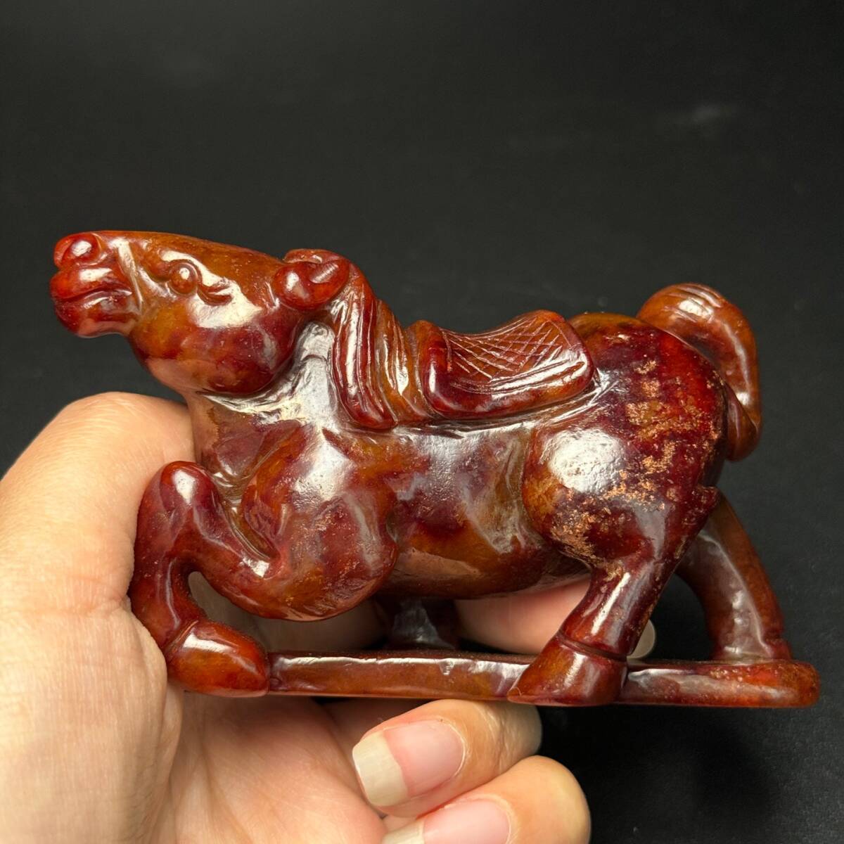 蔵友旧蔵出 和田玉製 細密彫 古玉 馬到成功 馬尊 希少珍品